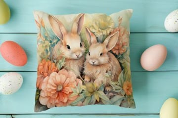 Happy Easter / Paskalya Koleksiyonu - Vintage Sevgili Paskalya Tavşanları 2'li Kırlent Paneli Dikilmemiş Kumaş