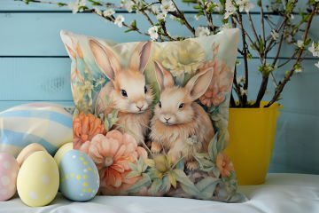 Happy Easter / Paskalya Koleksiyonu - Vintage Sevgili Paskalya Tavşanları 2'li Kırlent Paneli Dikilmemiş Kumaş