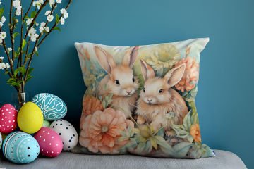 Happy Easter / Paskalya Koleksiyonu - Vintage Sevgili Paskalya Tavşanları 2'li Kırlent Paneli Dikilmemiş Kumaş
