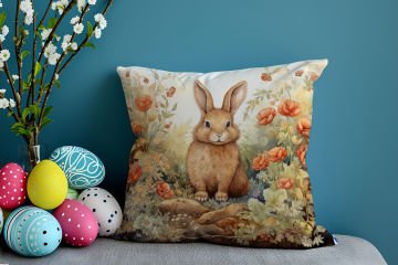 Happy Easter / Paskalya Koleksiyonu - Vintage Sevgili Paskalya Tavşanları 2'li Kırlent Paneli Dikilmemiş Kumaş