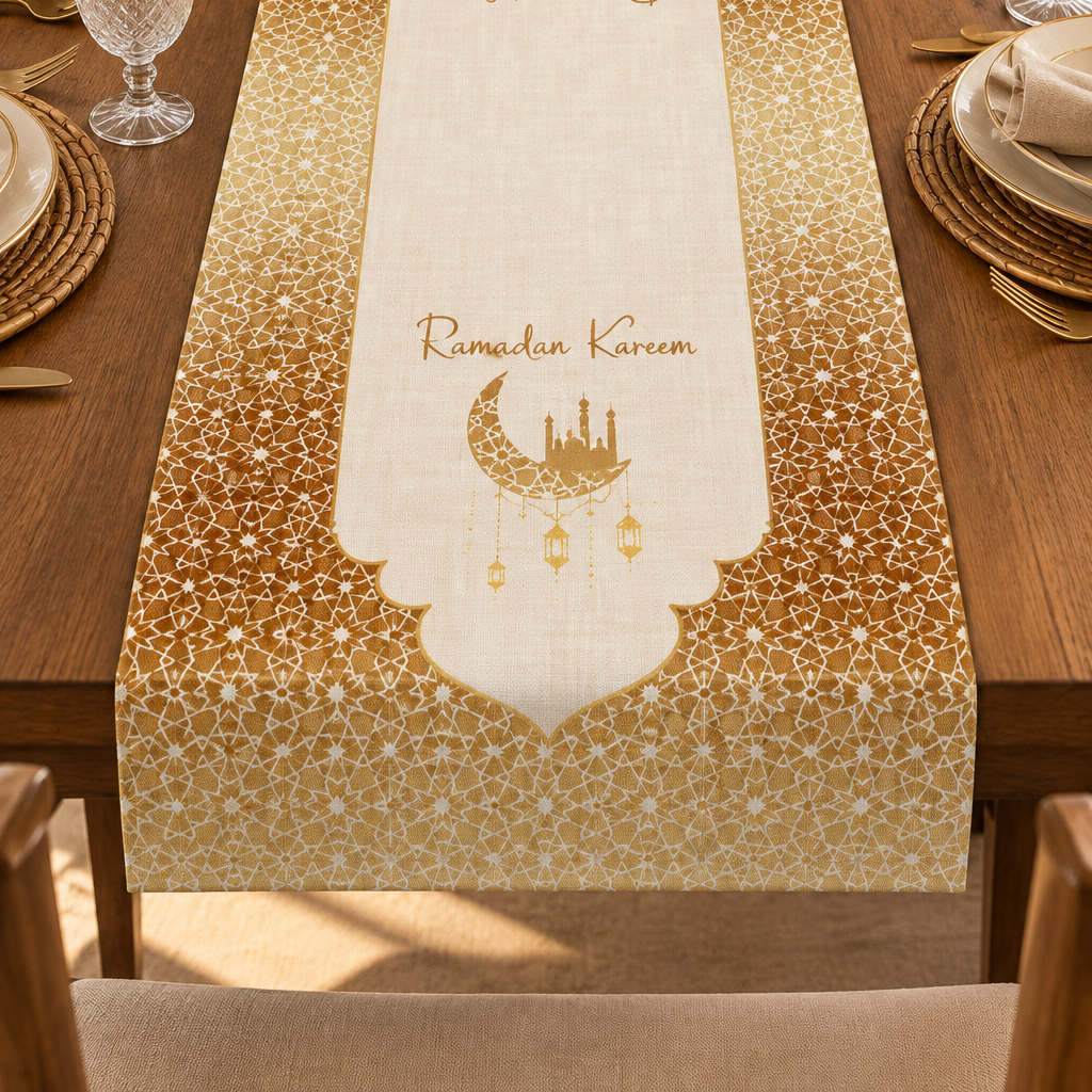 Ramazan Runner Panel – Gold Geometrik Desenli Ramadan Kareem
