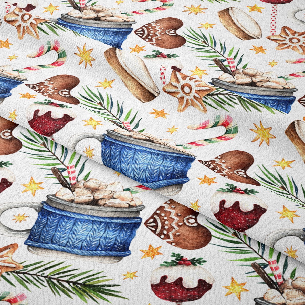 Yılbaşı Koleksiyonu- Winter Wonder Collection, Kurabiyeli, Elma Şekerlii, Bardak Desenli Kumaş