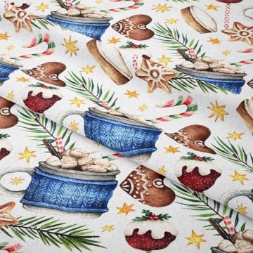 Yılbaşı Koleksiyonu- Winter Wonder Collection, Kurabiyeli, Elma Şekerlii, Bardak Desenli Kumaş