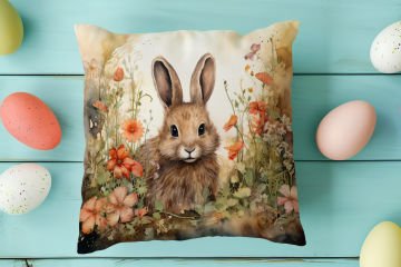 Happy Easter / Paskalya Koleksiyonu - Vintage Sevgili Paskalya Tavşanları 2'li Kırlent Paneli Dikilmemiş Kumaş