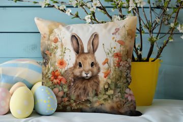 Happy Easter / Paskalya Koleksiyonu - Vintage Sevgili Paskalya Tavşanları 2'li Kırlent Paneli Dikilmemiş Kumaş