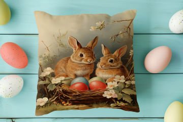 Happy Easter / Paskalya Koleksiyonu - Vintage Sevgili Paskalya Tavşanları 2'li Kırlent Paneli Dikilmemiş Kumaş