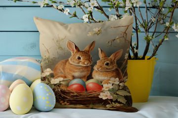 Happy Easter / Paskalya Koleksiyonu - Vintage Sevgili Paskalya Tavşanları 2'li Kırlent Paneli Dikilmemiş Kumaş