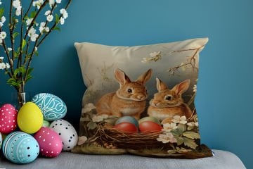 Happy Easter / Paskalya Koleksiyonu - Vintage Sevgili Paskalya Tavşanları 2'li Kırlent Paneli Dikilmemiş Kumaş