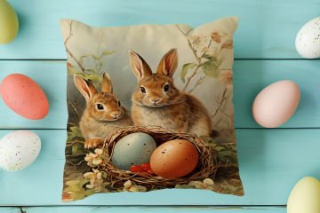 Happy Easter / Paskalya Koleksiyonu - Vintage Sevgili Paskalya Tavşanları 2'li Kırlent Paneli Dikilmemiş Kumaş