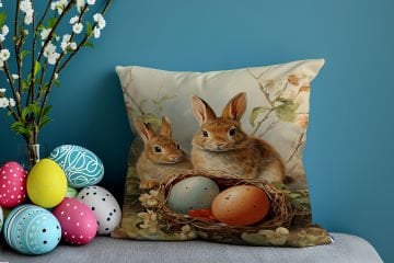 Happy Easter / Paskalya Koleksiyonu - Vintage Sevgili Paskalya Tavşanları 2'li Kırlent Paneli Dikilmemiş Kumaş