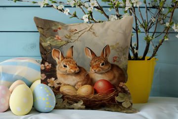 Happy Easter / Paskalya Koleksiyonu - Vintage Sevgili Paskalya Tavşanları 2'li Kırlent Paneli Dikilmemiş Kumaş