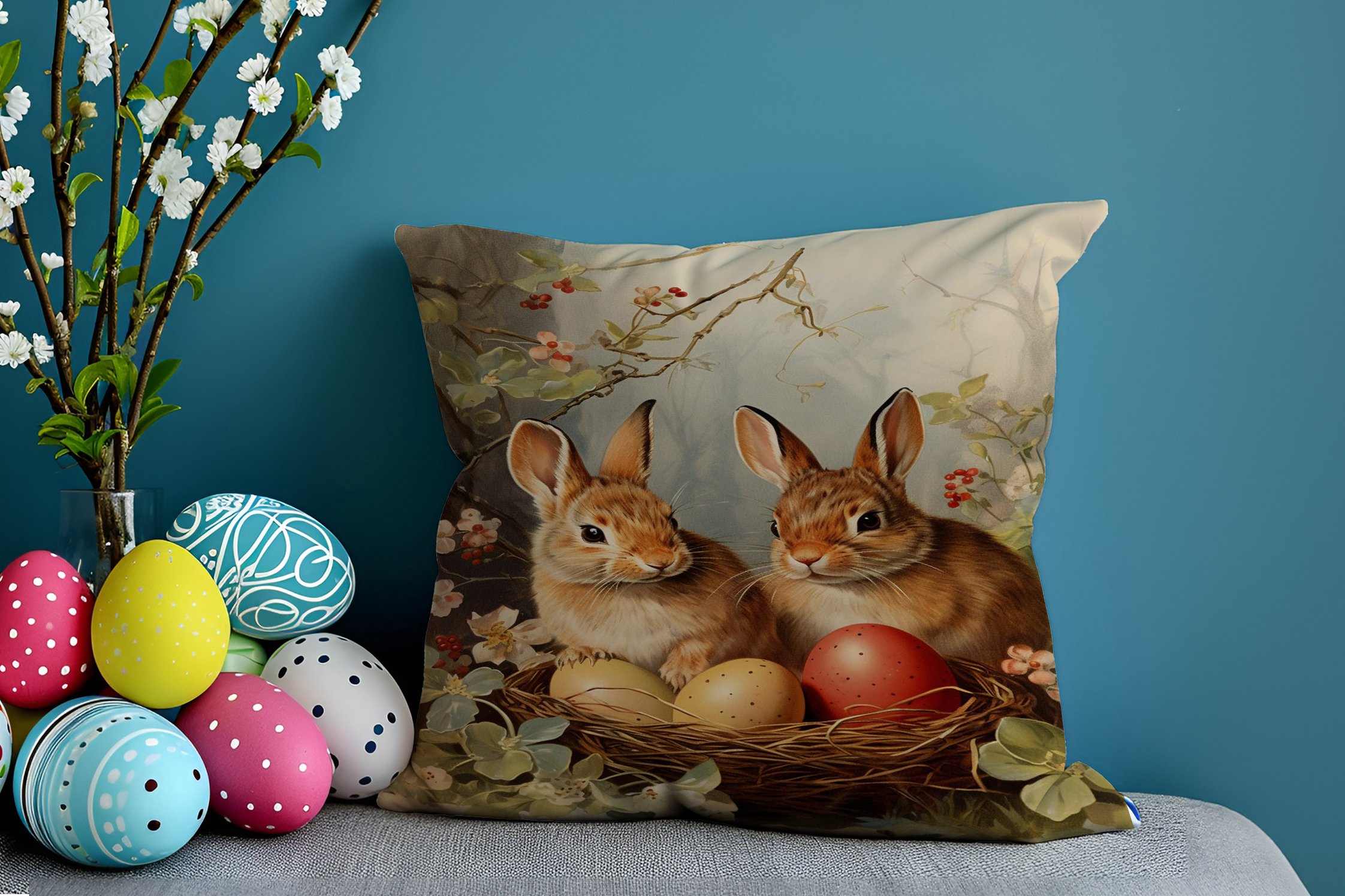Happy Easter / Paskalya Koleksiyonu - Vintage Sevgili Paskalya Tavşanları 2'li Kırlent Paneli Dikilmemiş Kumaş