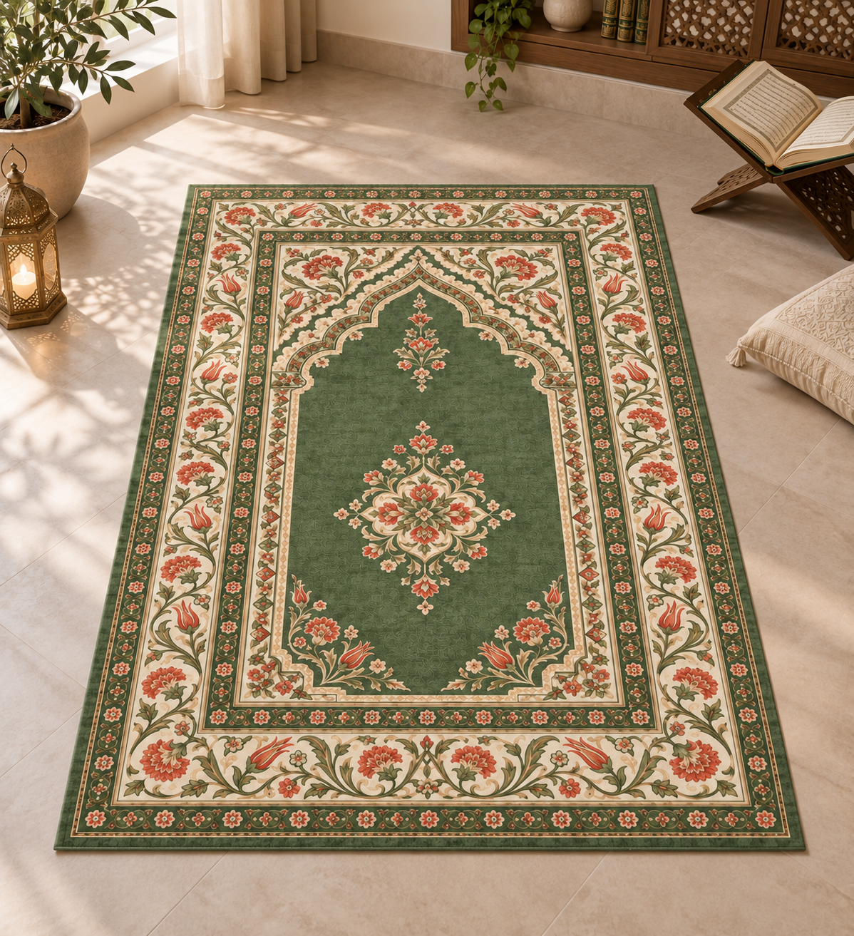 Yeşil Çiçekli Seccade Paneli – Osmanlı Desenli 130x82 cm