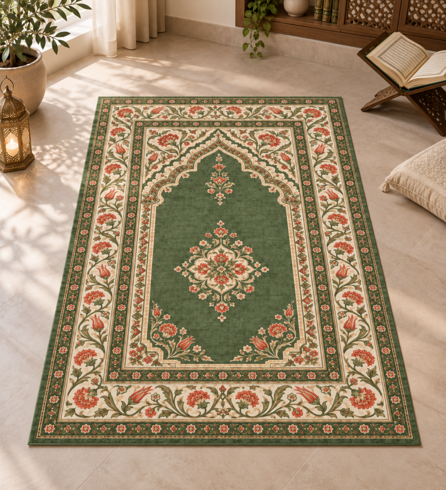 Yeşil Çiçekli Seccade Paneli – Osmanlı Desenli 130x82 cm