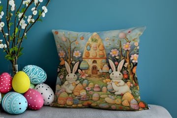 Happy Easter / Paskalya Koleksiyonu - Vintage Sevgili Paskalya Tavşanları 2'li Kırlent Paneli Dikilmemiş Kumaş