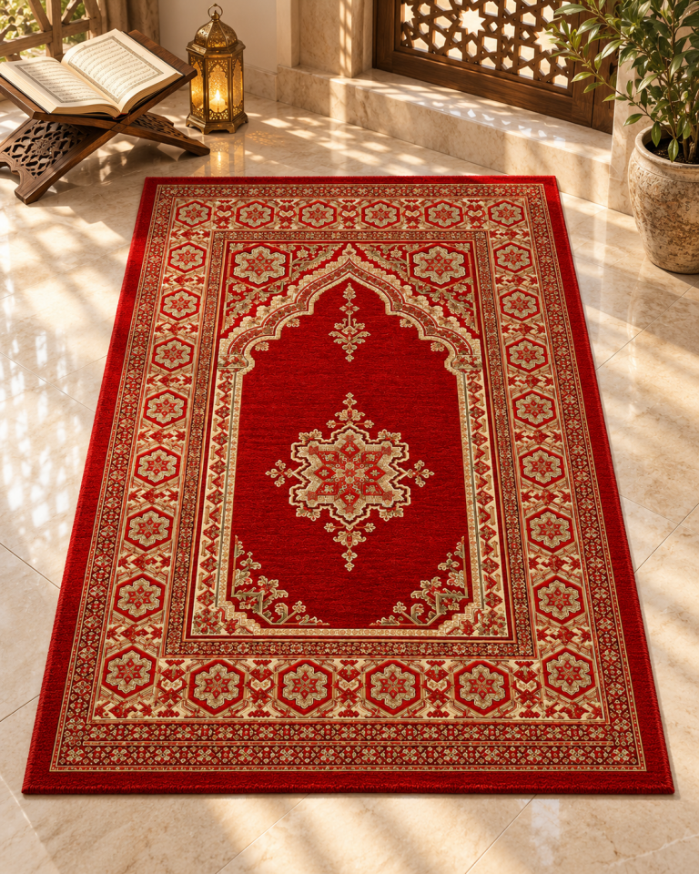 Kızıl kırmızı zemin üzerinde krem ve altın renkli geleneksel Anadolu geometrik motifleriyle tasarlanmış, 130x82 cm ölçüsünde dikilmemiş dijital baskıl