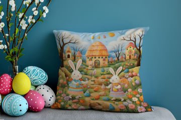Happy Easter / Paskalya Koleksiyonu - Vintage Sevgili Paskalya Tavşanları 2'li Kırlent Paneli Dikilmemiş Kumaş