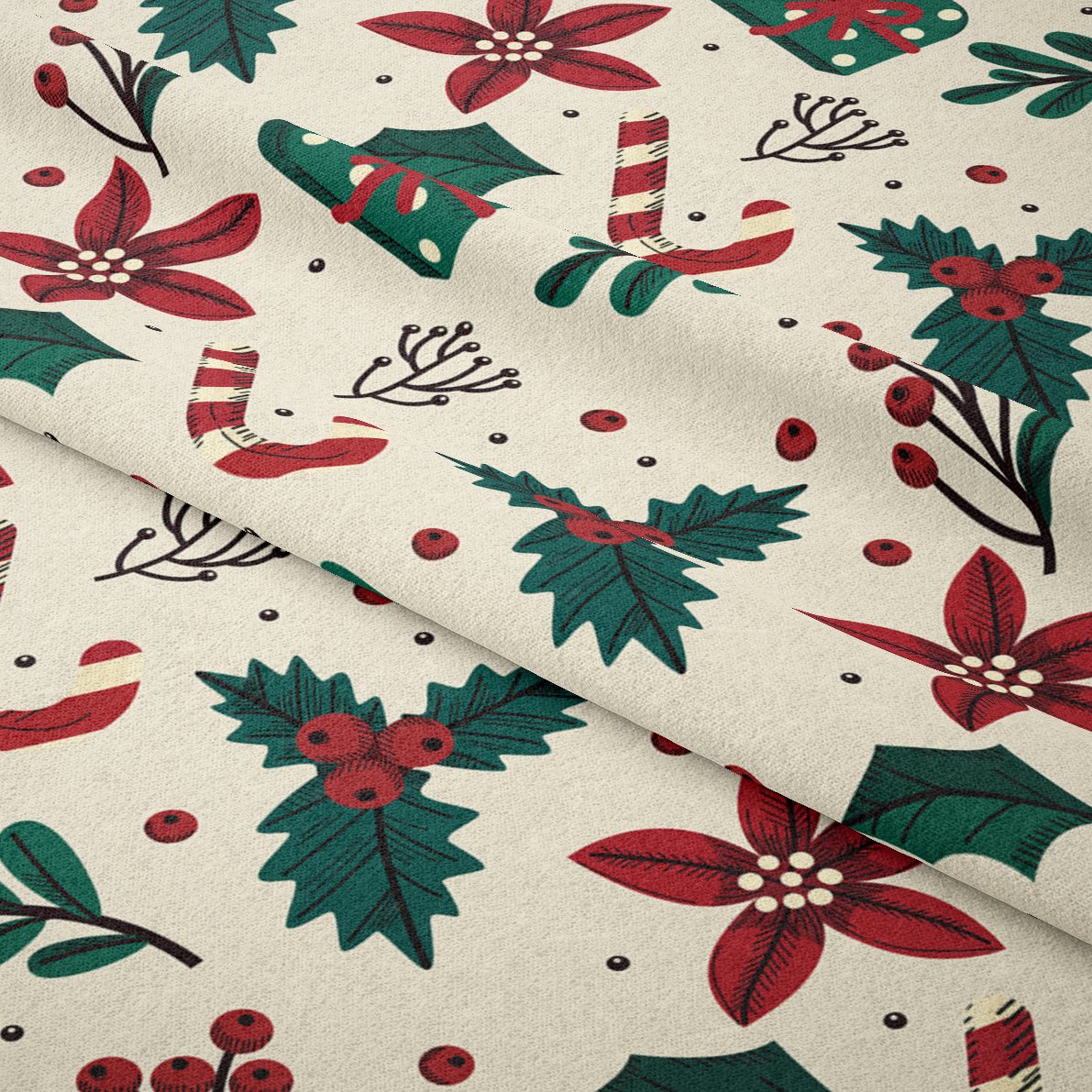 Yılbaşı Koleksiyonu- Winter Wonder Collection, Krem Zeminli Hediye Kutulu, Yapraklı, Yılbaşı Çiçek Desenli Kumaş