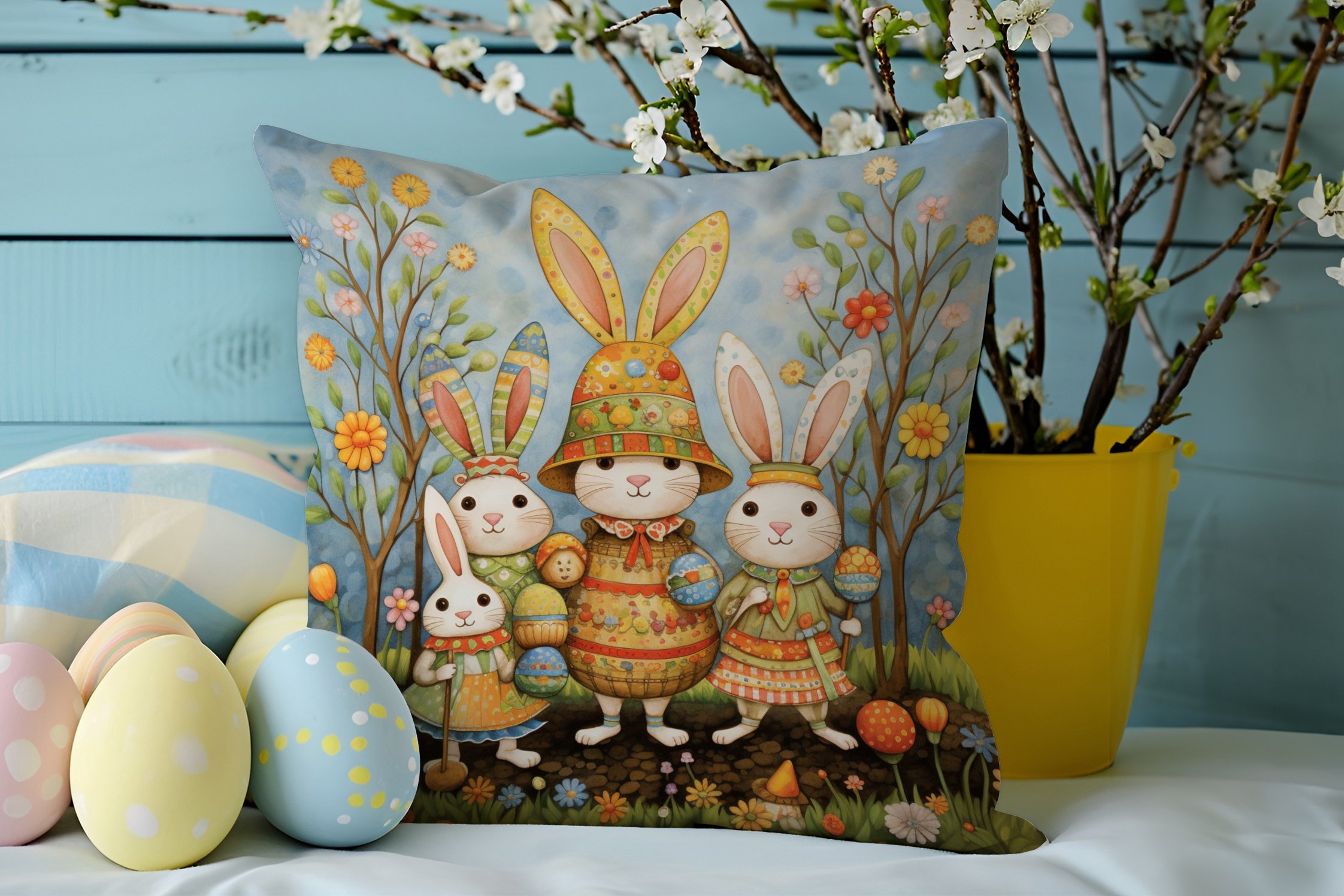 Happy Easter / Paskalya Koleksiyonu - Vintage Sevgili Paskalya Tavşanları 2'li Kırlent Paneli Dikilmemiş Kumaş