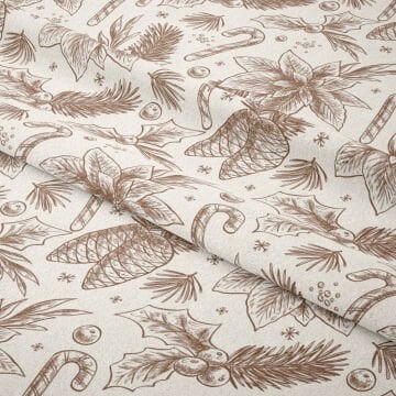 Yılbaşı Koleksiyonu- Winter Wonder Collection, Kahverengi Çizgisel Kozalaklı, Çiçekli, Şekerli Kumaş