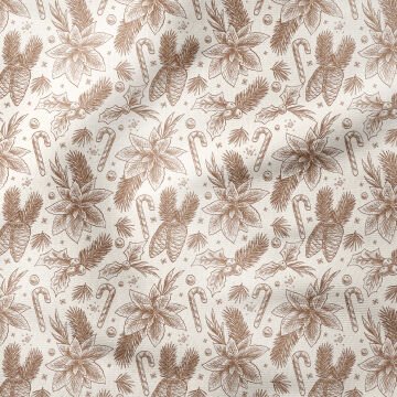 Yılbaşı Koleksiyonu- Winter Wonder Collection, Kahverengi Çizgisel Kozalaklı, Çiçekli, Şekerli Kumaş