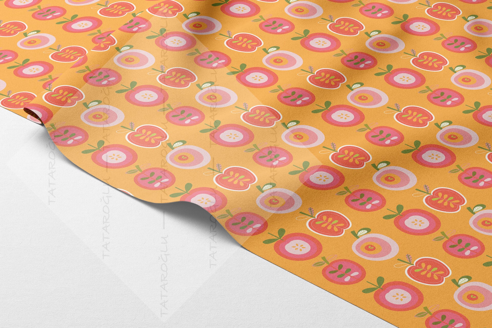 Retro Elma Desenli Kumaş | Dijital Baskılı Leke Tutmaz Dekoratif Kumaş 143 cm