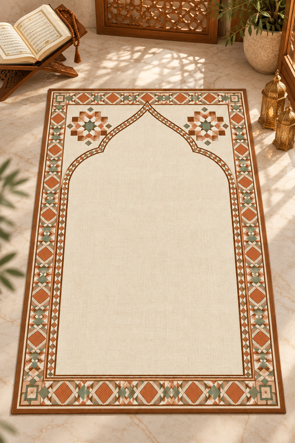 Krem zemin üzerinde terracotta, tarçın kahvesi ve adaçayı yeşili tonlarında Zellige esintili geometrik mozaik bordürler, sekiz köşeli yıldız motifleri