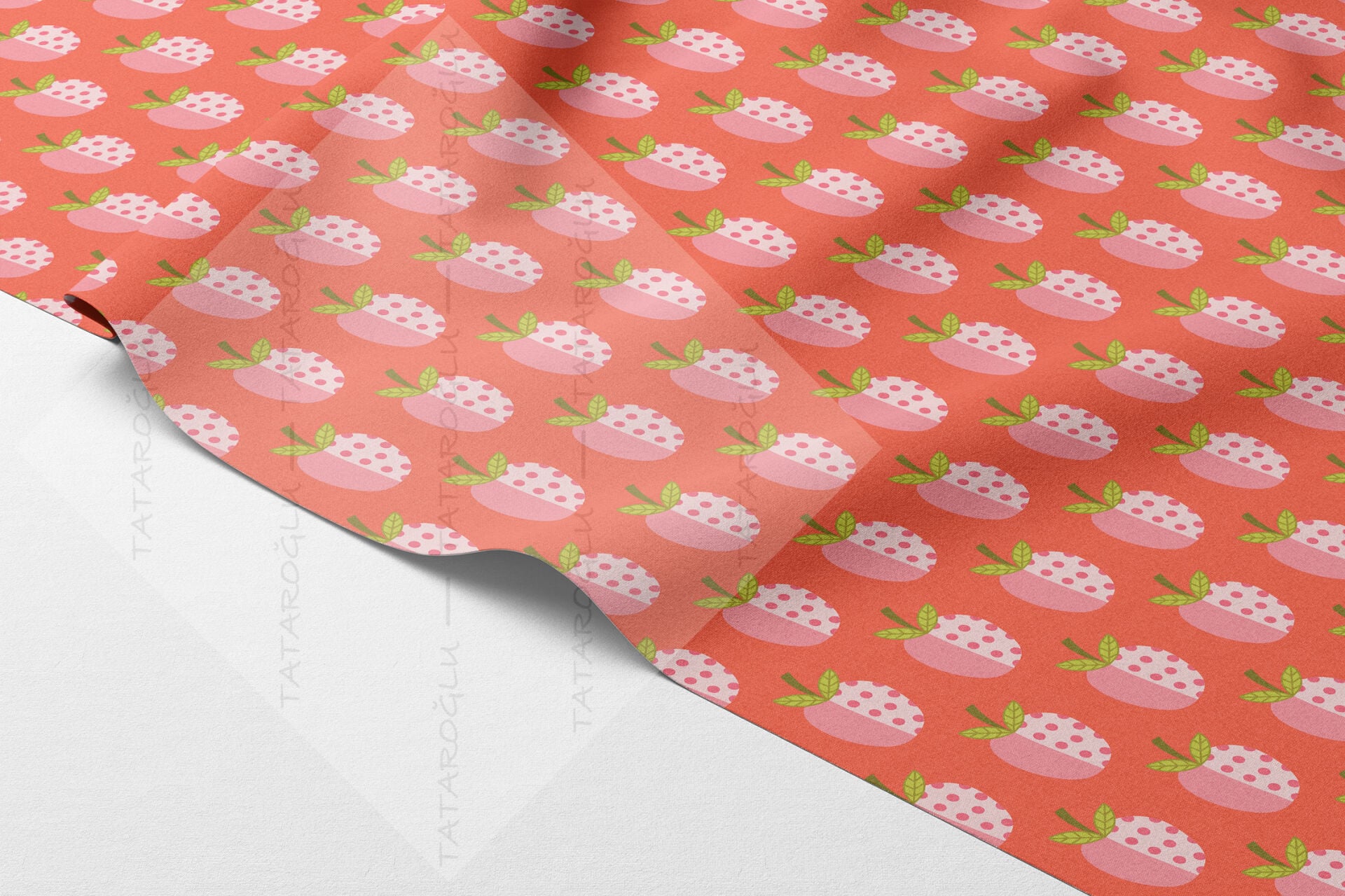 Pembe Elma Desenli Kumaş | Dijital Baskılı Leke Tutmaz Dekoratif Kumaş 143 cm