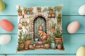 Happy Easter / Paskalya Koleksiyonu - Vintage Sevgili Paskalya Tavşanları 2'li Kırlent Paneli Dikilmemiş Kumaş