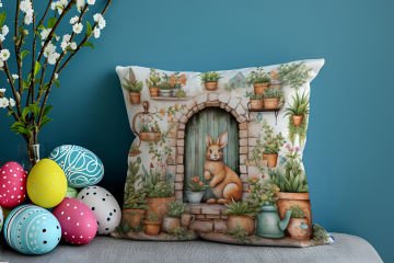 Happy Easter / Paskalya Koleksiyonu - Vintage Sevgili Paskalya Tavşanları 2'li Kırlent Paneli Dikilmemiş Kumaş