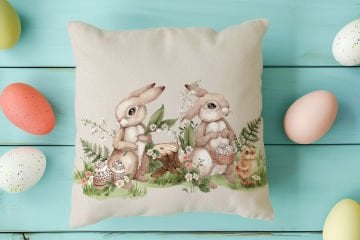 Happy Easter / Paskalya Koleksiyonu - Vintage Sevgili Paskalya Tavşanları 2'li Kırlent Paneli Dikilmemiş Kumaş