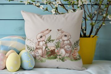 Happy Easter / Paskalya Koleksiyonu - Vintage Sevgili Paskalya Tavşanları 2'li Kırlent Paneli Dikilmemiş Kumaş
