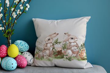 Happy Easter / Paskalya Koleksiyonu - Vintage Sevgili Paskalya Tavşanları 2'li Kırlent Paneli Dikilmemiş Kumaş