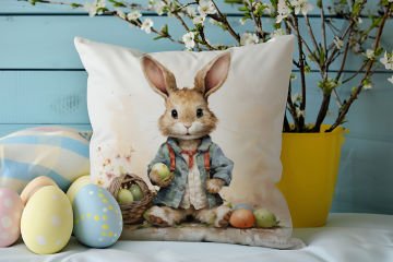 Happy Easter / Paskalya Koleksiyonu - Vintage Sevgili Paskalya Tavşanları 2'li Kırlent Paneli Dikilmemiş Kumaş