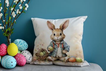Happy Easter / Paskalya Koleksiyonu - Vintage Sevgili Paskalya Tavşanları 2'li Kırlent Paneli Dikilmemiş Kumaş