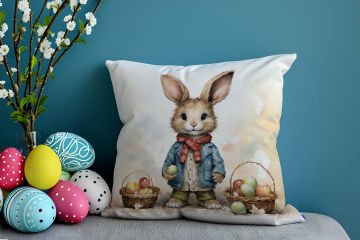 Happy Easter / Paskalya Koleksiyonu - Vintage Sevgili Paskalya Tavşanları 2'li Kırlent Paneli Dikilmemiş Kumaş