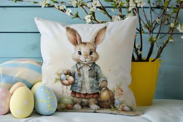 Happy Easter / Paskalya Koleksiyonu - Vintage Sevgili Paskalya Tavşanları 2'li Kırlent Paneli Dikilmemiş Kumaş
