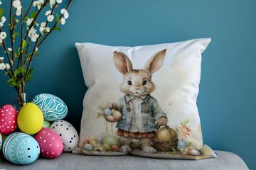 Happy Easter / Paskalya Koleksiyonu - Vintage Sevgili Paskalya Tavşanları 2'li Kırlent Paneli Dikilmemiş Kumaş