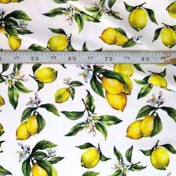 Limon Serisi-Beyaz Zemin Üzerine Yapraklı Limon Desenli Kumaş(SONBAHAR İNDİRİMİ)