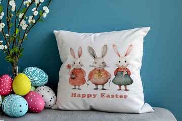 Happy Easter / Paskalya Koleksiyonu - Vintage Sevgili Paskalya Tavşanları 2'li Kırlent Paneli Dikilmemiş Kumaş
