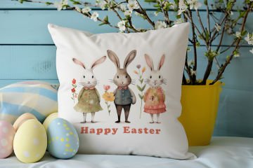 Happy Easter / Paskalya Koleksiyonu - Vintage Sevgili Paskalya Tavşanları 2'li Kırlent Paneli Dikilmemiş Kumaş