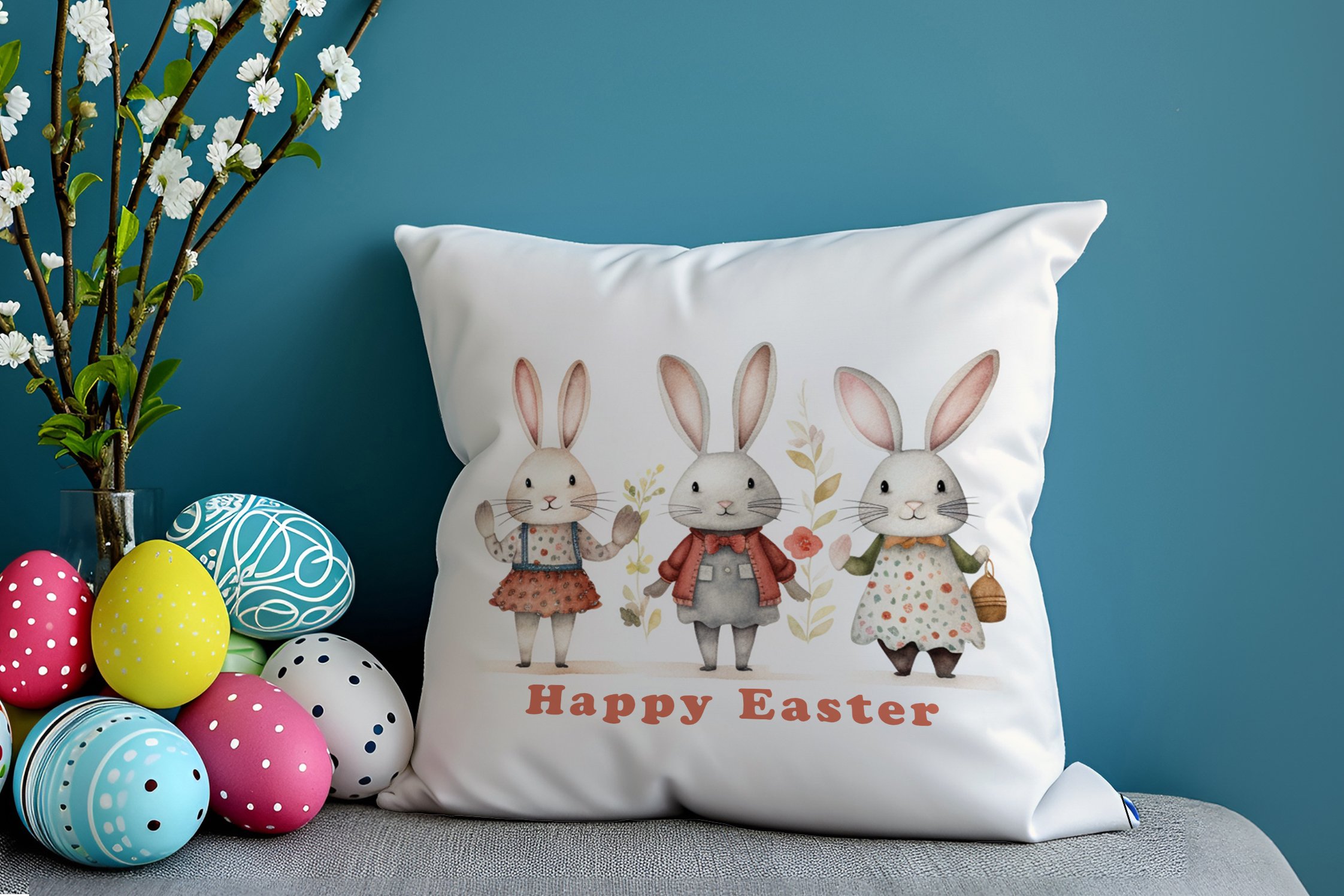 Happy Easter / Paskalya Koleksiyonu - Vintage Sevgili Paskalya Tavşanları 2'li Kırlent Paneli Dikilmemiş Kumaş
