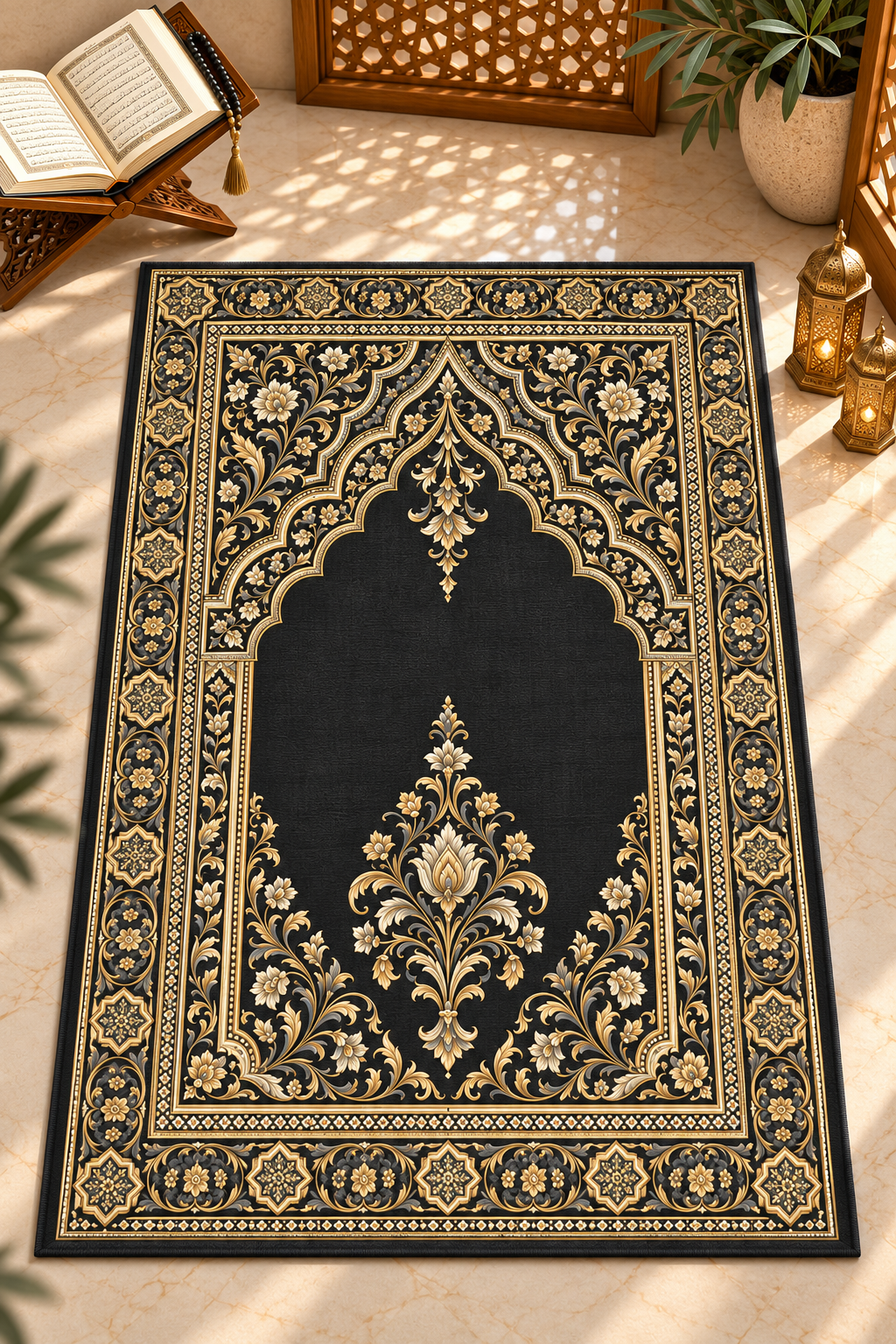 Oniks Siyah Seccade Paneli – Altın Filigranlı Mihrap Desenli 130x82 cm