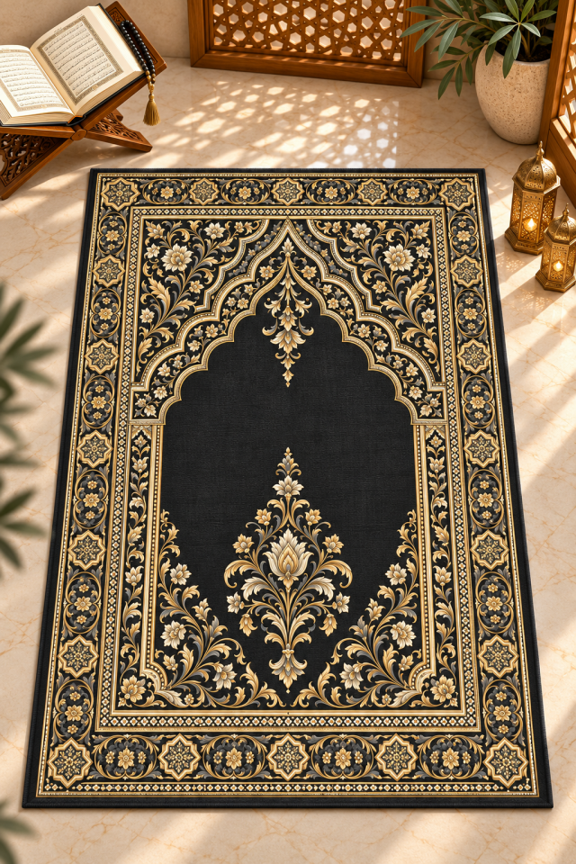 Oniks Siyah Seccade Paneli – Altın Filigranlı Mihrap Desenli 130x82 cm