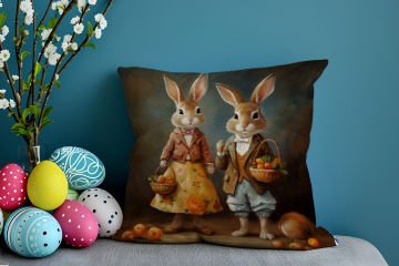 Happy Easter / Paskalya Koleksiyonu - Vintage Sevgili Paskalya Tavşanları 2'li Kırlent Paneli Dikilmemiş Kumaş