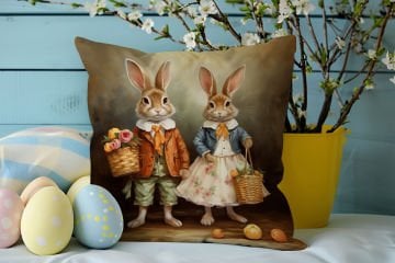 Happy Easter / Paskalya Koleksiyonu - Vintage Sevgili Paskalya Tavşanları 2'li Kırlent Paneli Dikilmemiş Kumaş