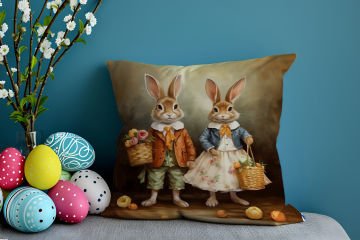 Happy Easter / Paskalya Koleksiyonu - Vintage Sevgili Paskalya Tavşanları 2'li Kırlent Paneli Dikilmemiş Kumaş