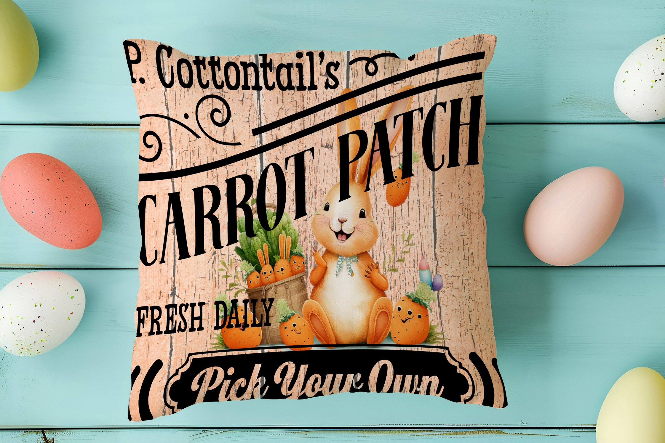 Happy Easter / Paskalya Koleksiyonu - Vintage Sevgili Paskalya Tavşanları 2'li Kırlent Paneli Dikilmemiş Kumaş