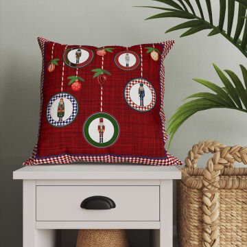 Yılbaşı Koleksiyonu- Yılbaşı Runner Bordo Zemin Üzerinde Noel Çubuk Şekerler ve Kurşun Askerler Model 1-Pano Kırlent 2'li Set Dikilmemiş