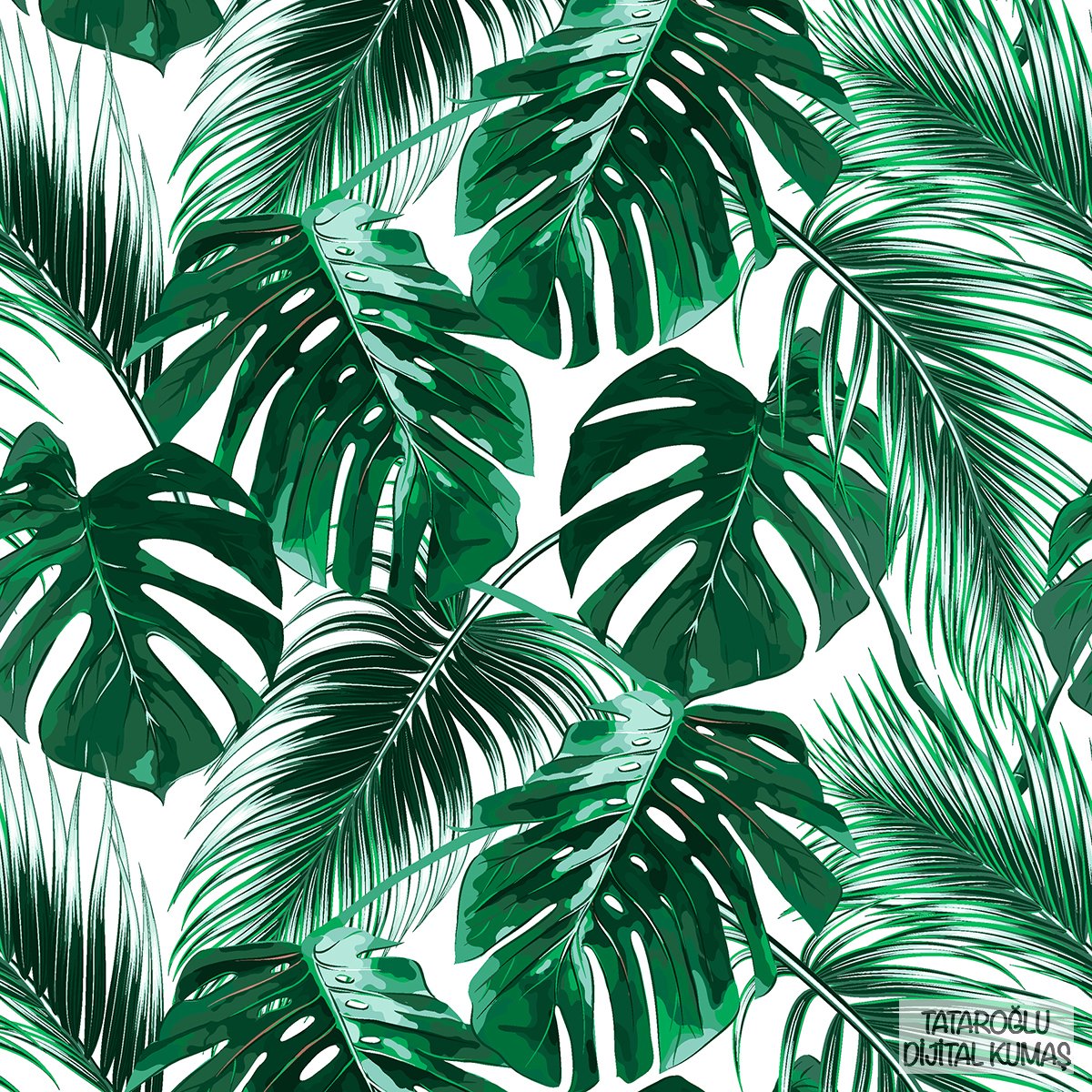 Beyaz Zemin Üzerine Koyu Yeşil Yapraklı Dijital Baskılı Kumaş